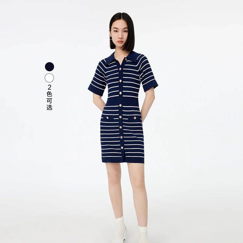 【一秒入夏】LILY夏新款女装洋气POLO领撞色条纹连衣裙123240T7351