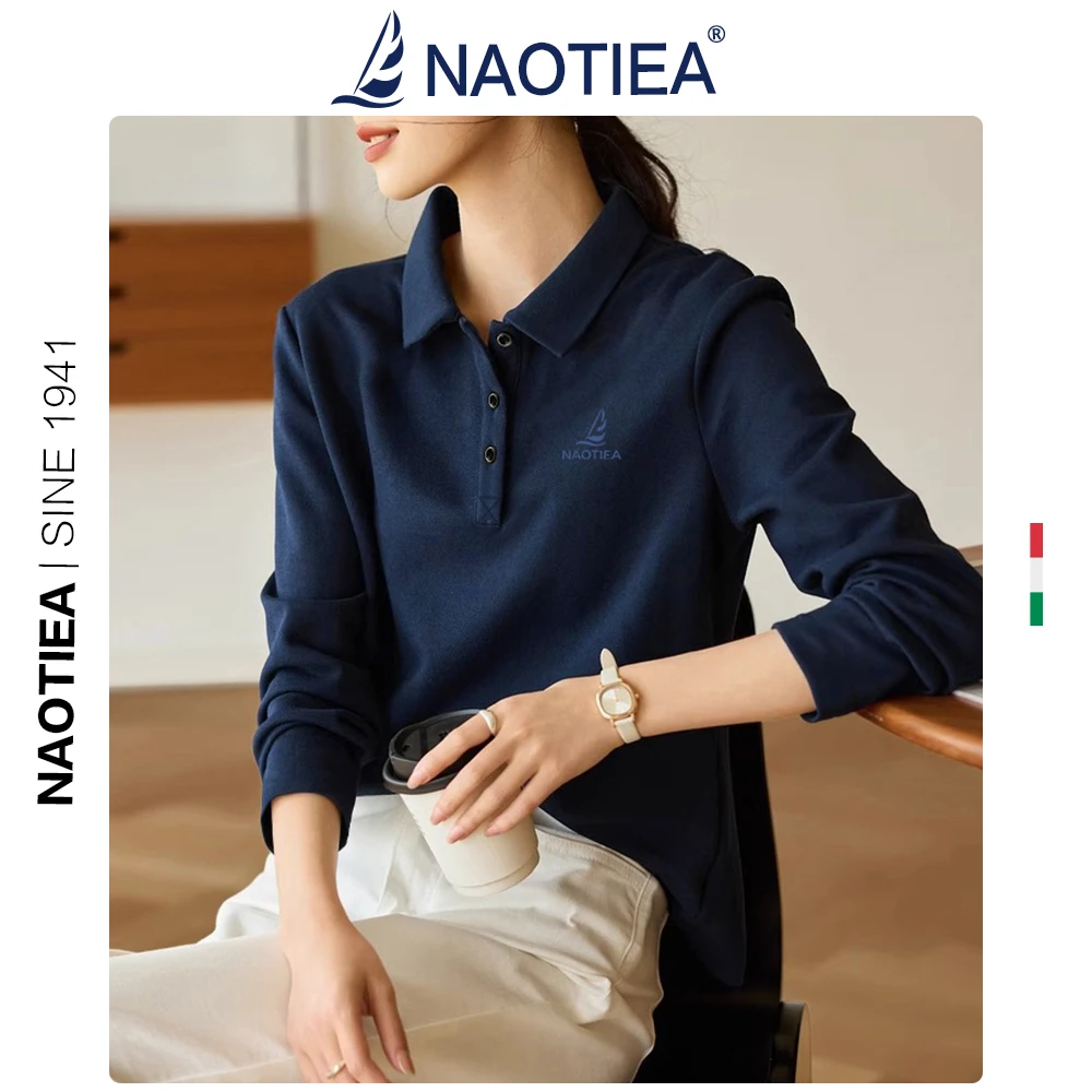 纳奥蒂尔小帆船纯色长袖POLO衫女2025春季新款正肩保罗休闲T恤
