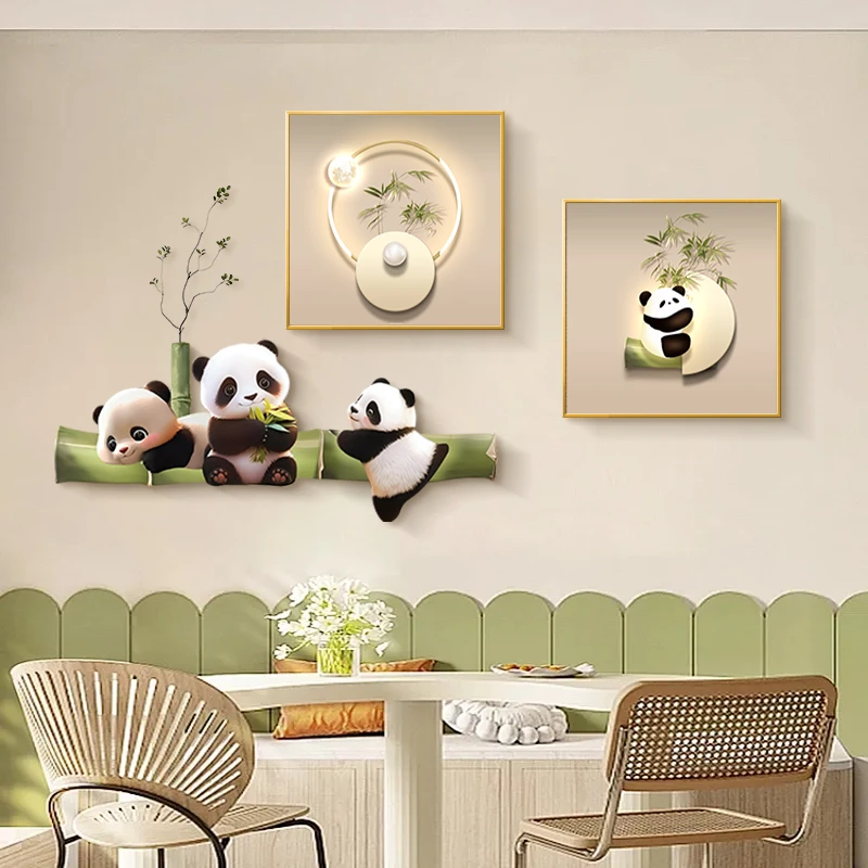 高级感熊猫客厅沙发背景墙挂画绿植高端可爱餐厅吃饭桌客厅壁挂画