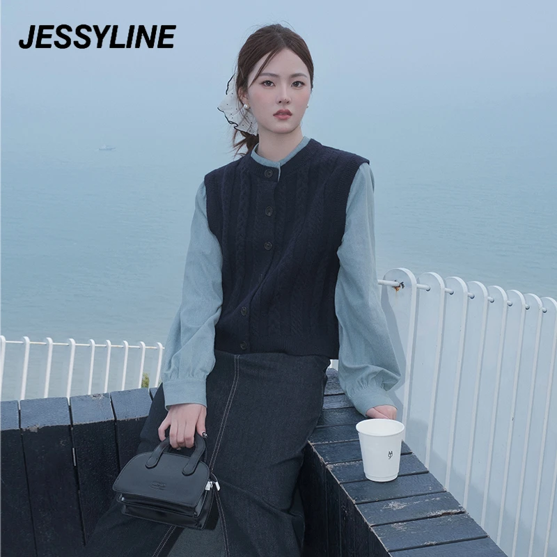 jessyline2025秋季新款 杰茜莱时尚个性拼接假两件针织开衫女毛衣