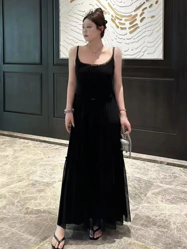 【海边风情】特大码法式复古法式褶皱大裙摆吊带连衣裙显瘦长裙