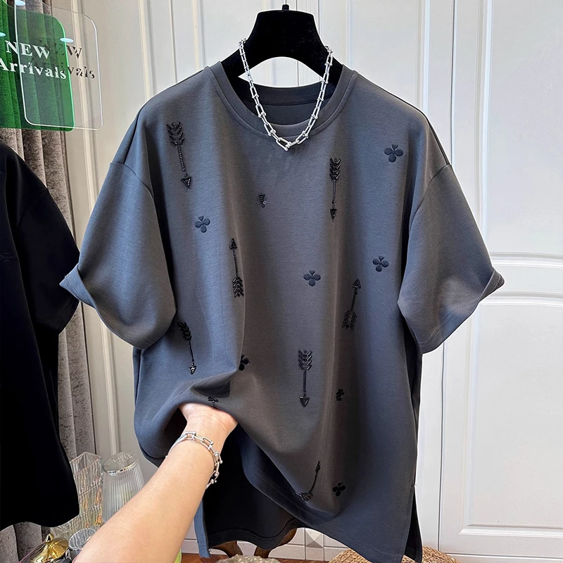 欧货高级感立体钉珠短袖T恤上衣女夏季新款刺绣百搭气质时尚体恤