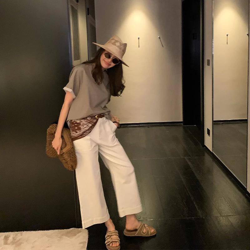 【ALONE SAVOR】温暖午后 阔腿纯色直筒九分牛仔裤J065