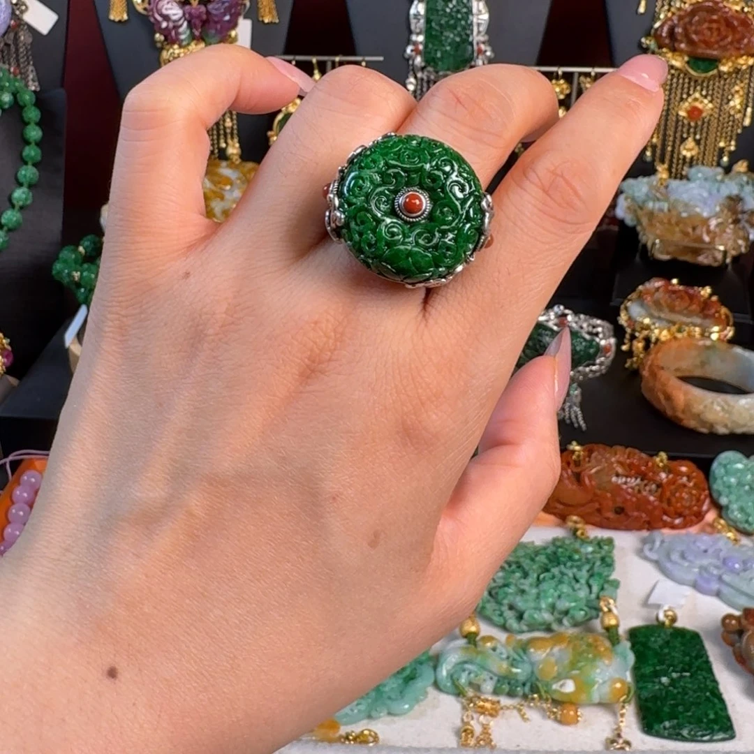 翡翠银S925镀金镶嵌颈饰戒指