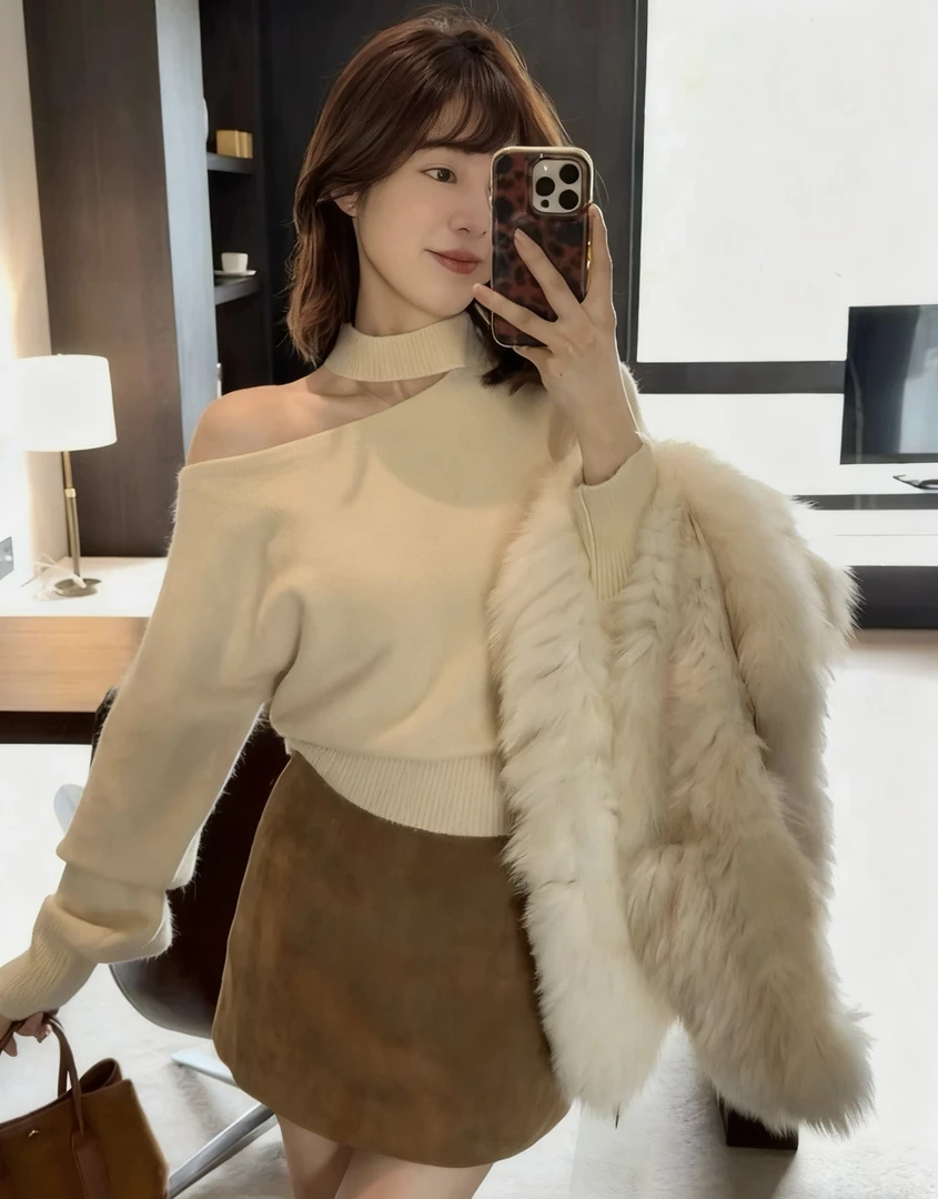 韩系复古慵懒挂脖斜领露肩羊绒针织衫女秋冬加厚软糯收腰毛衣8006