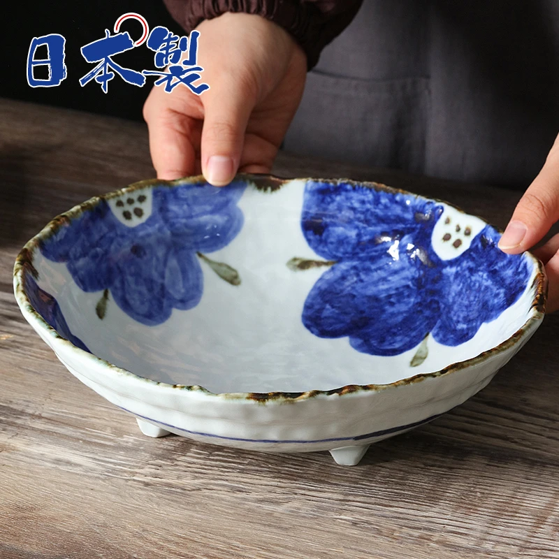 【单支】日本进口手绘蓝珊瑚带足圆形大钵24.5cm