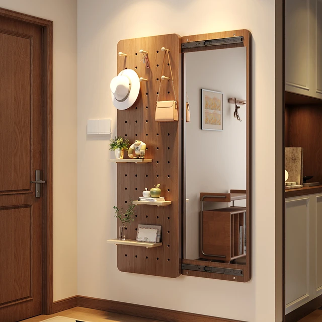 实木洞洞板穿衣镜隐形推拉全身镜子关闭隐藏可遮挡壁挂玄关试衣镜