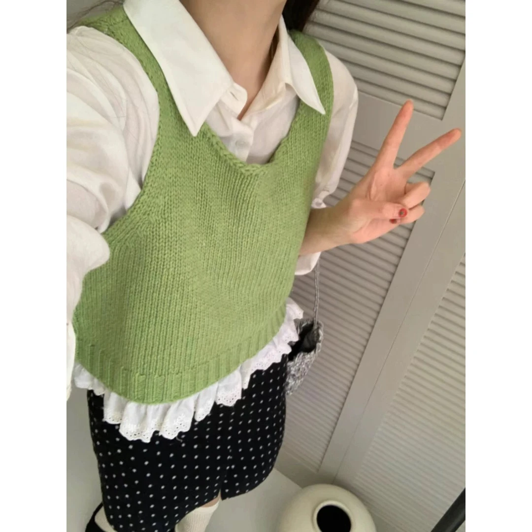 韩国2025春新款韩系糖果色蕾丝拼接两穿针织羊毛马甲叠穿坎肩吊带