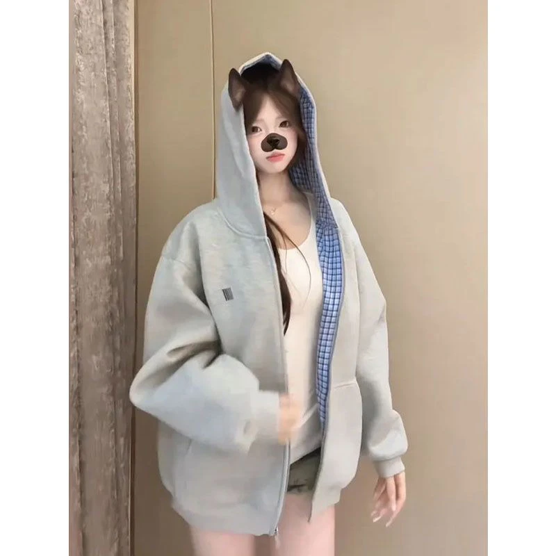 学院风拼接格纹连帽卫衣女韩版宽松学生开衫减龄百搭独特上衣外套