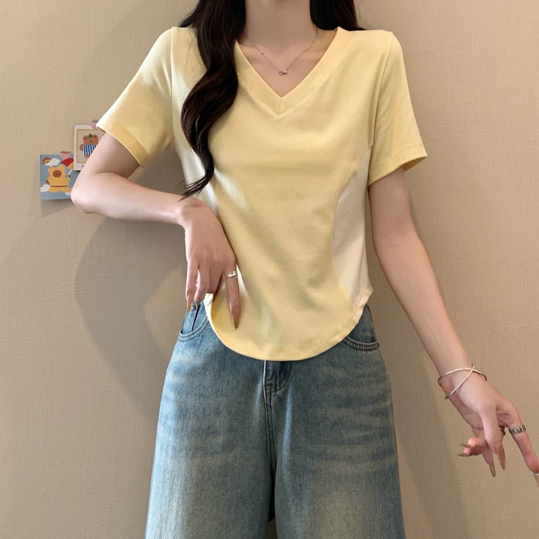 JJ3206专享大码女装2025年夏季新款辣妹风V领拼色显瘦短袖T恤上衣