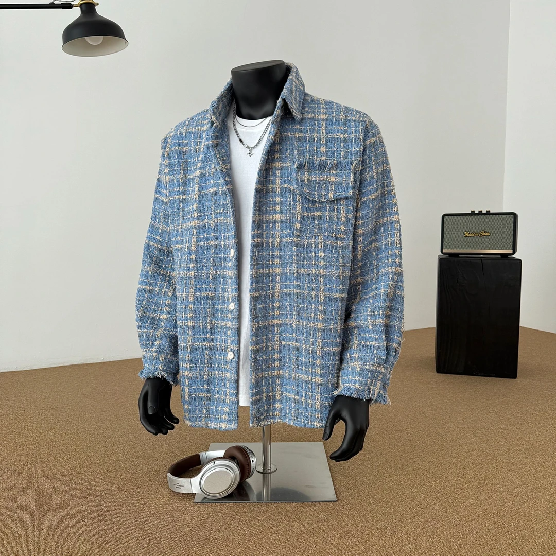 春秋小众流苏蓝色小香风格子衬衫外套潮流宽松休闲痞帅男韩版夹克