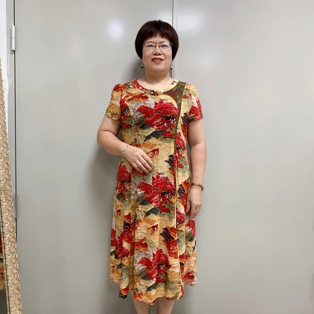花蒂 中老年妈妈夏季时尚圆领短袖冰丝中长款连衣裙