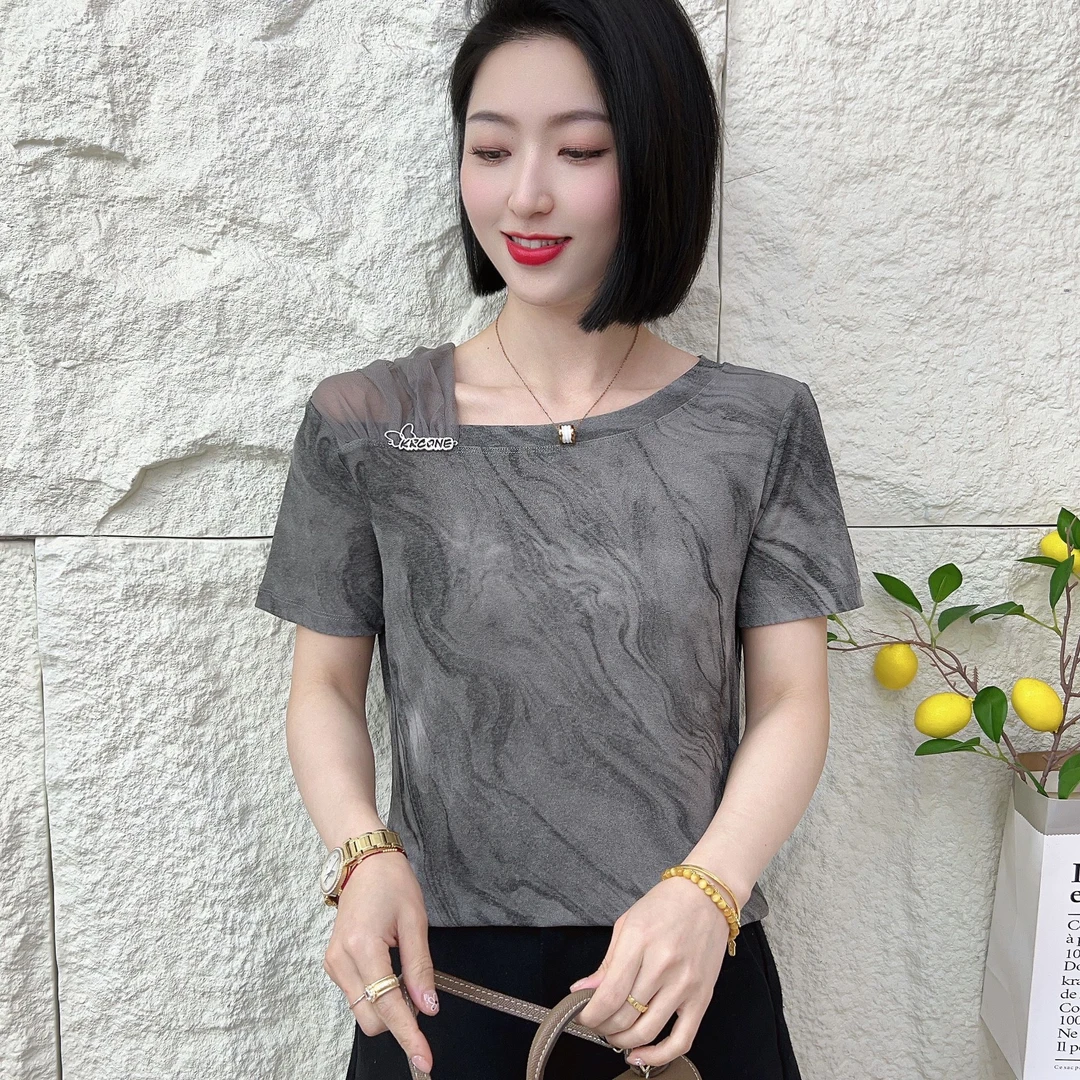 【韩紫朵 】2025夏季不规则漏肩网纱拼接洋气时尚显瘦短袖6609