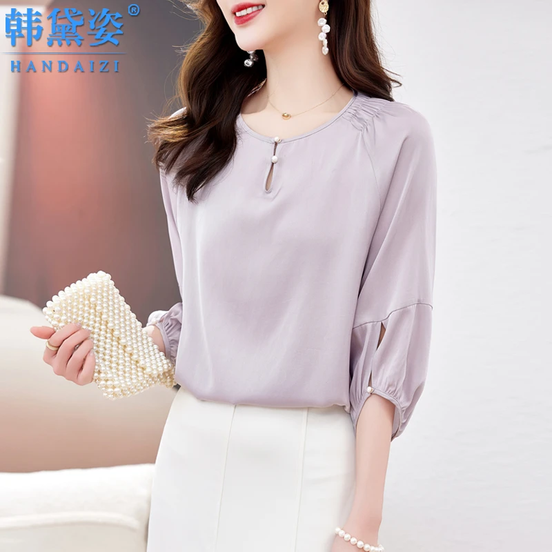 五分袖重磅真丝上衣女2025夏新款气质大牌女士桑蚕丝衬衣纯色衬衫