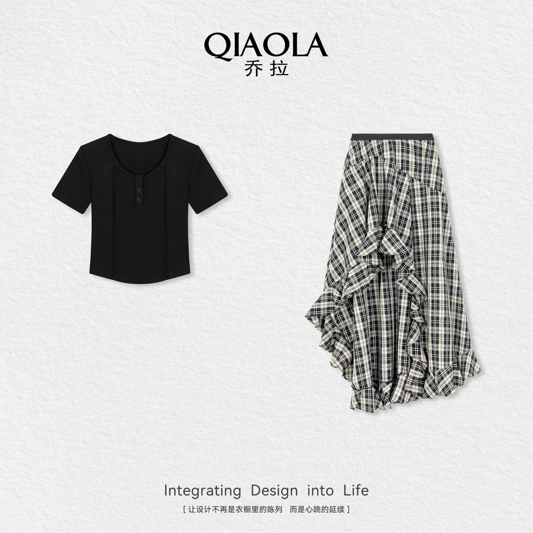 QIAOLA/乔拉【魅影探戈】夏学院风正肩上衣格纹半身裙时尚套装预售