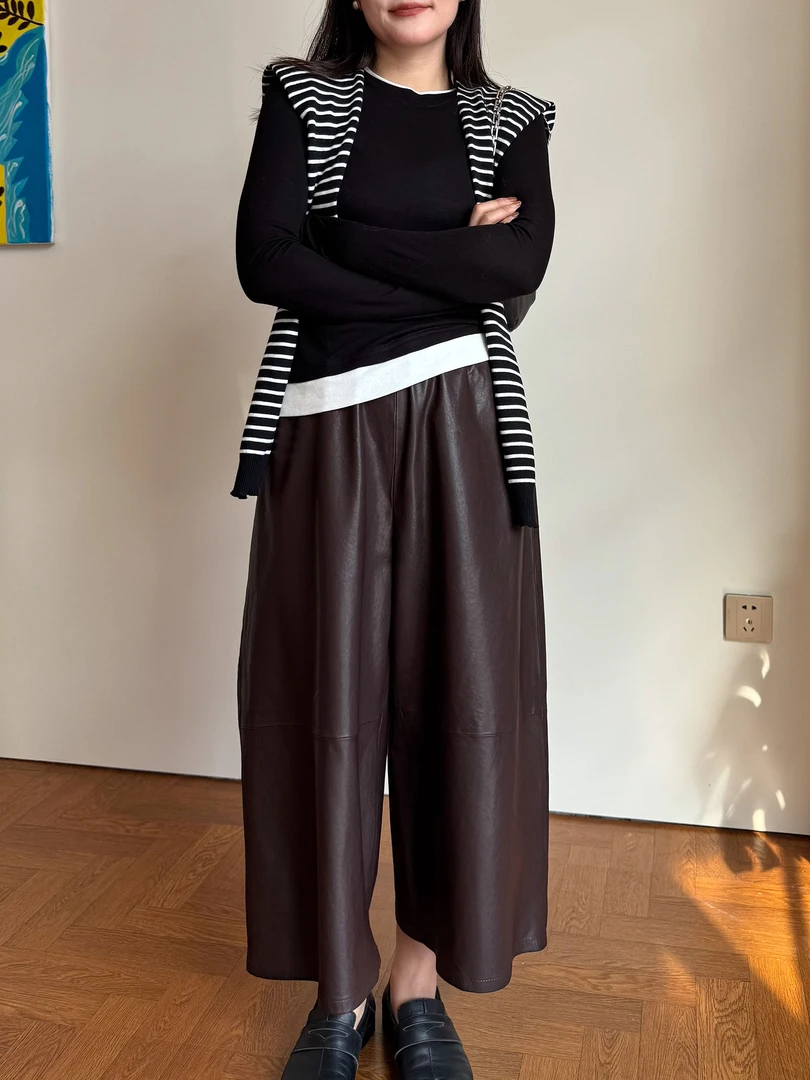 八分（82-86长）直筒阔腿裤植鞣绵羊皮皮裤女2025新款真皮胖mm进口