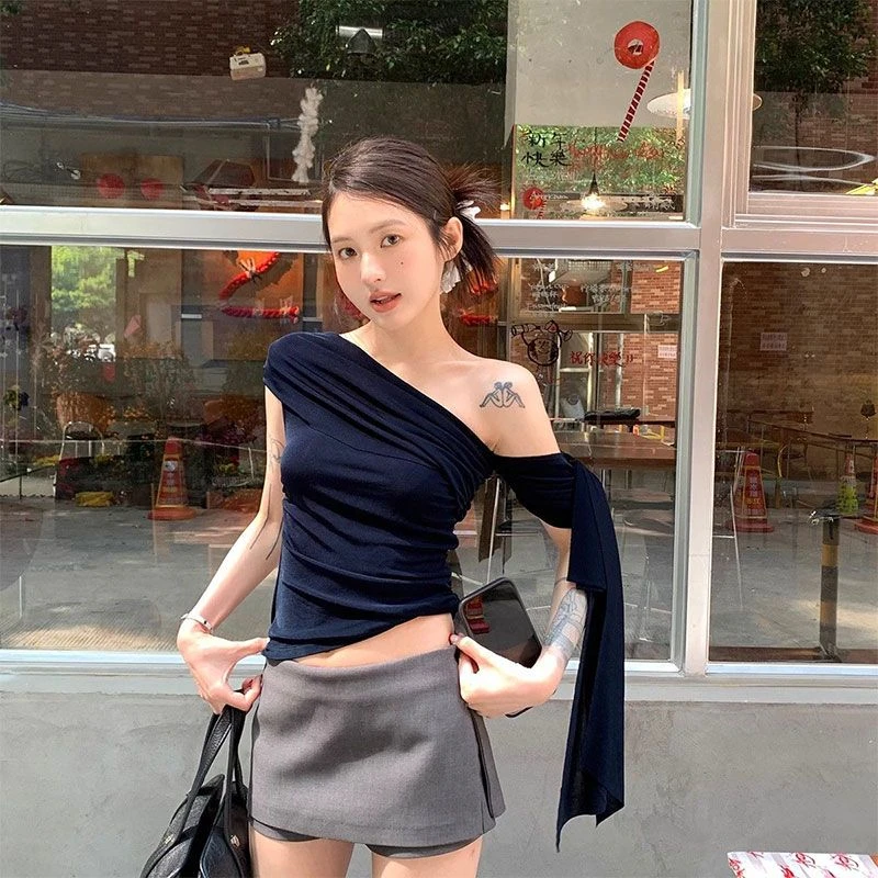 纯欲辣妹不规则斜肩短袖t恤女夏季新款露肩设计感飘带修身短上衣