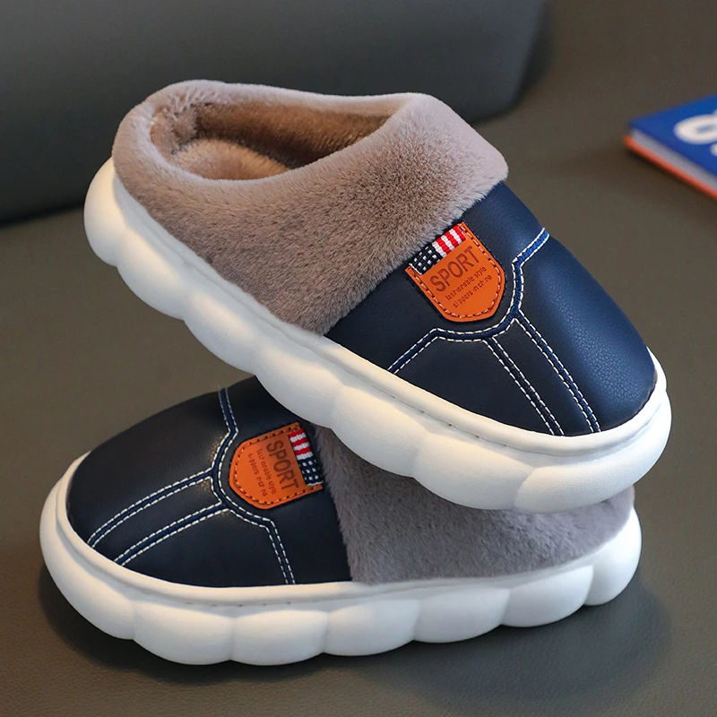 儿童棉拖鞋冬季亲子pu皮防滑防水软底加绒加厚男女宝宝冬季