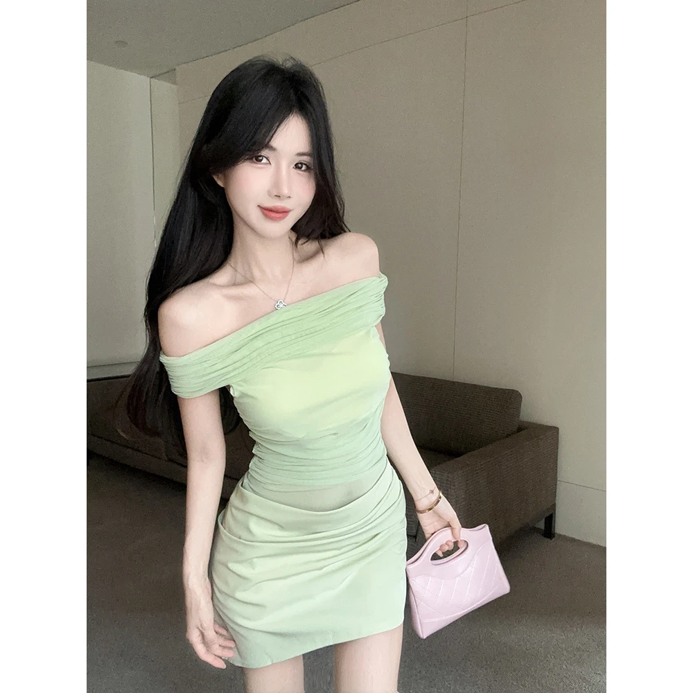 纯欲风性感一字领网纱拼接连衣裙修身显瘦紧身百搭辣妹包臀短裙子