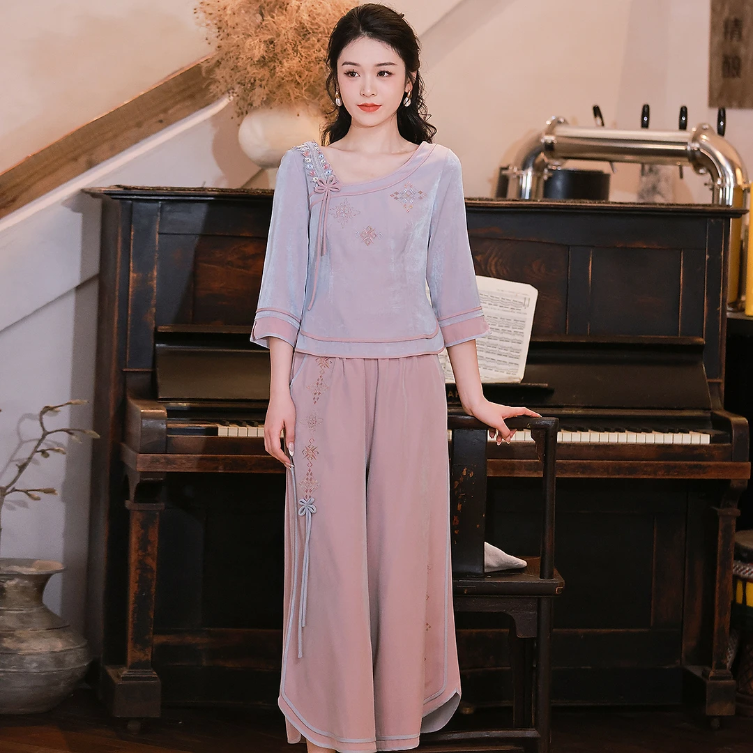 烟花烫民族风气质套装 2025早春新款国风时尚衬衫阔腿裤 步盈盈步