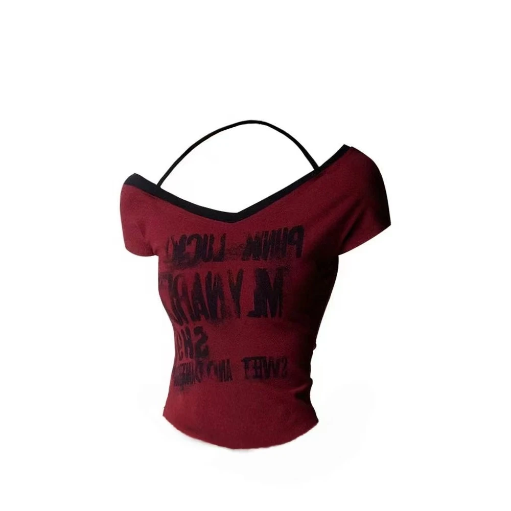 午餐肉家甜酷印花  性感挂脖短袖T恤