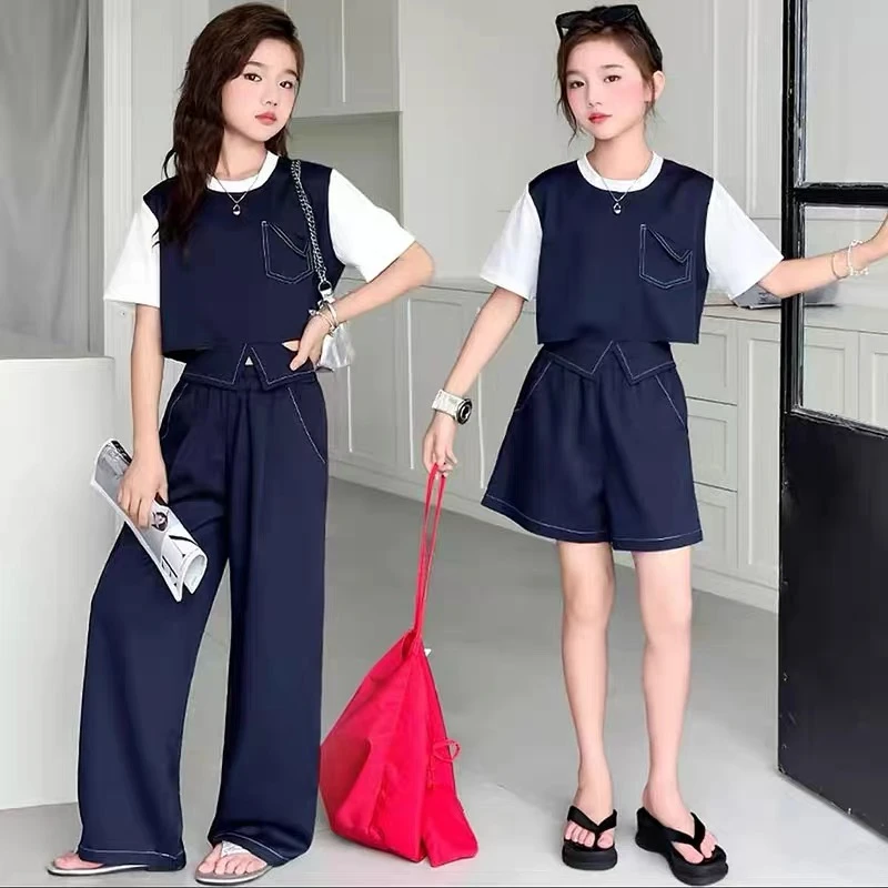 女童夏季假两件套装2025新款儿童撞色短袖上衣休闲短裤长裤两件套