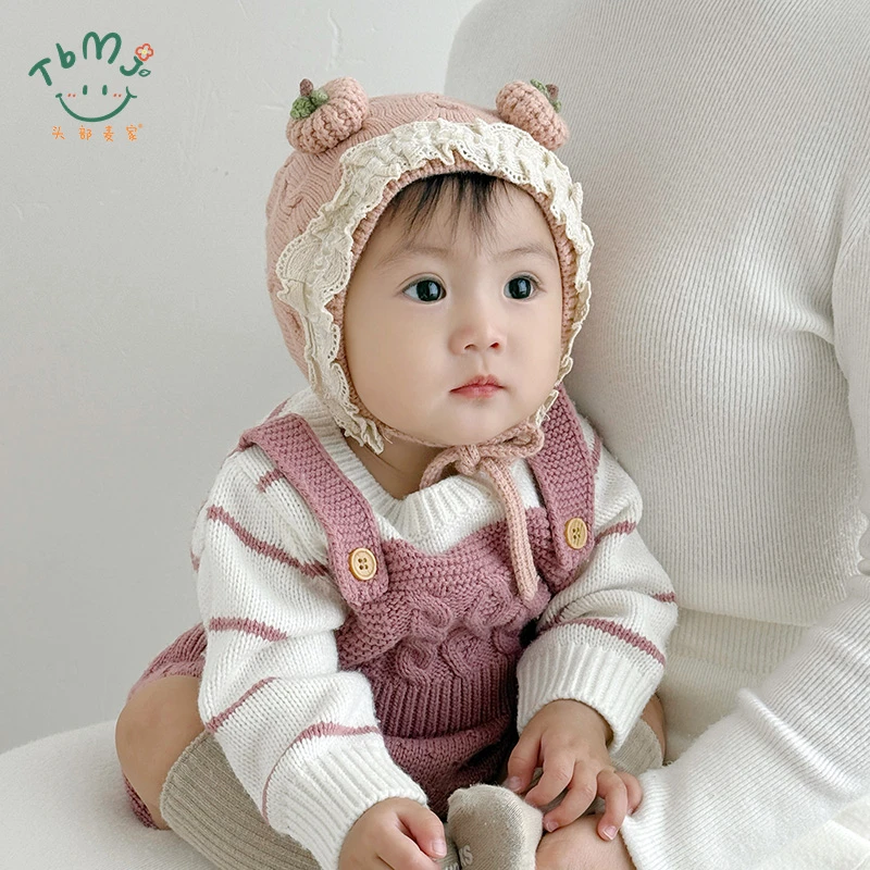 婴儿帽子秋冬季女宝宝洋气蕾丝花边针织毛线帽保暖小月龄防风护耳
