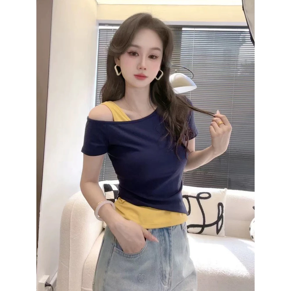韩版撞色时尚假两件T恤半袖
