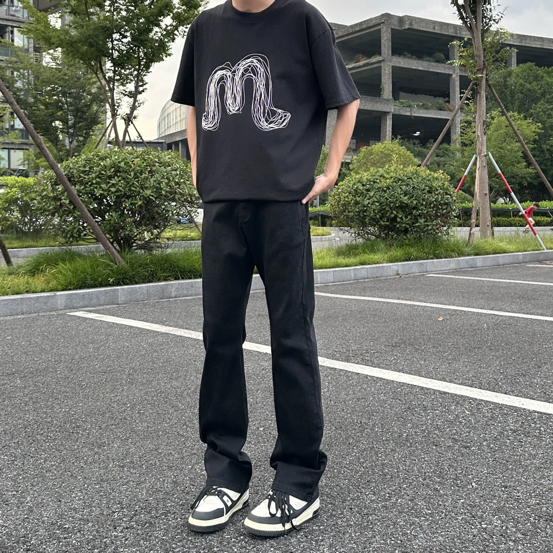 【七九专属】美式弯刀黑色显瘦牛仔裤男士春秋款宽松高弹力微喇长裤