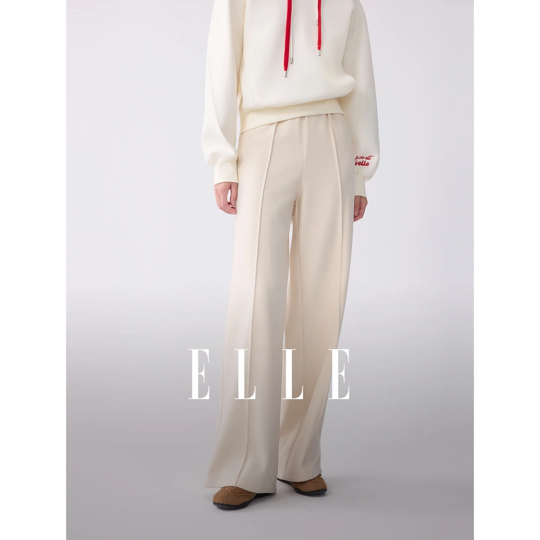 ELLE女装绵羊毛松紧腰通勤休闲裤2025冬新款显瘦直筒裤子EK52656