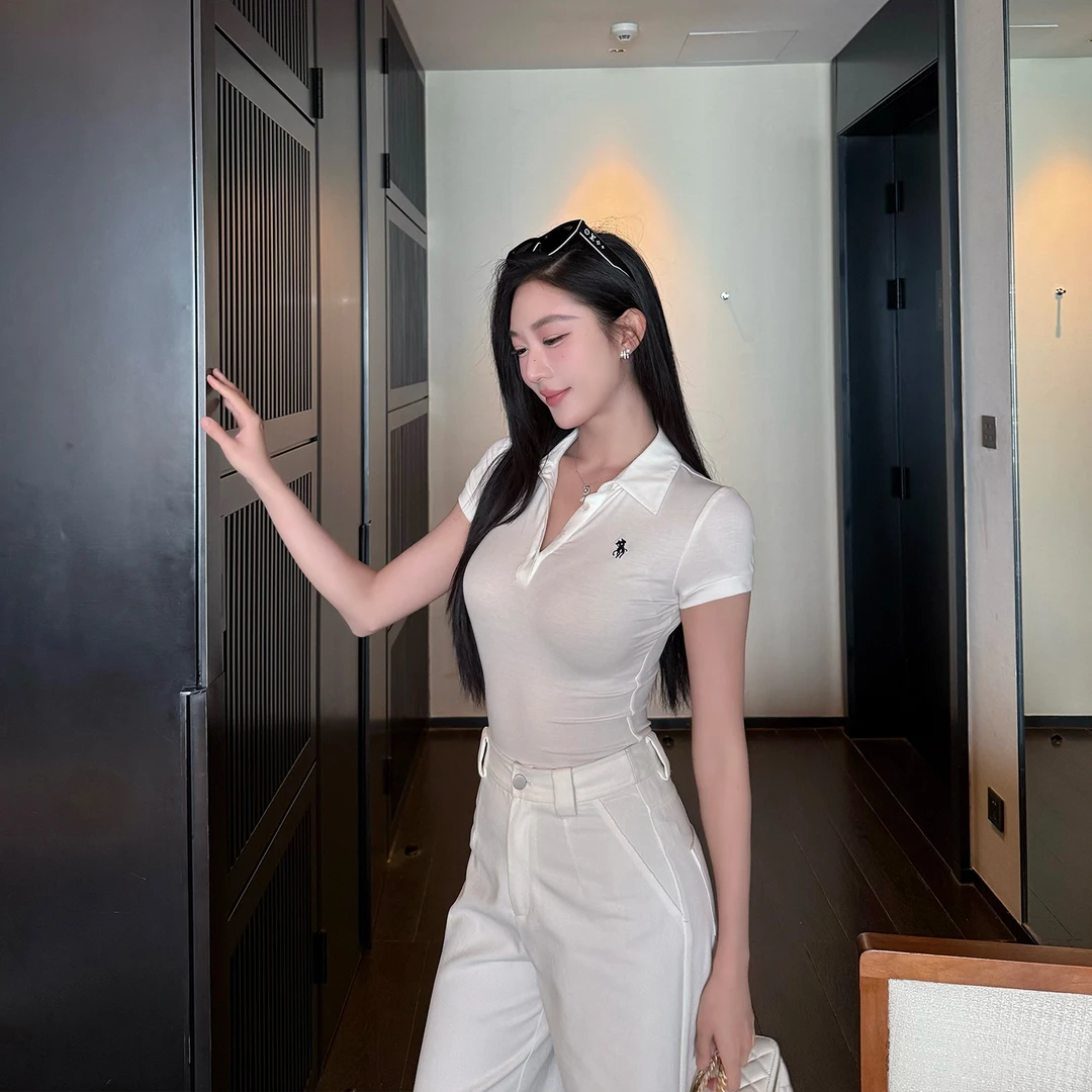 SX善喜纯色修身针织正肩T恤短袖polo衫女休闲减龄气质修身短上衣