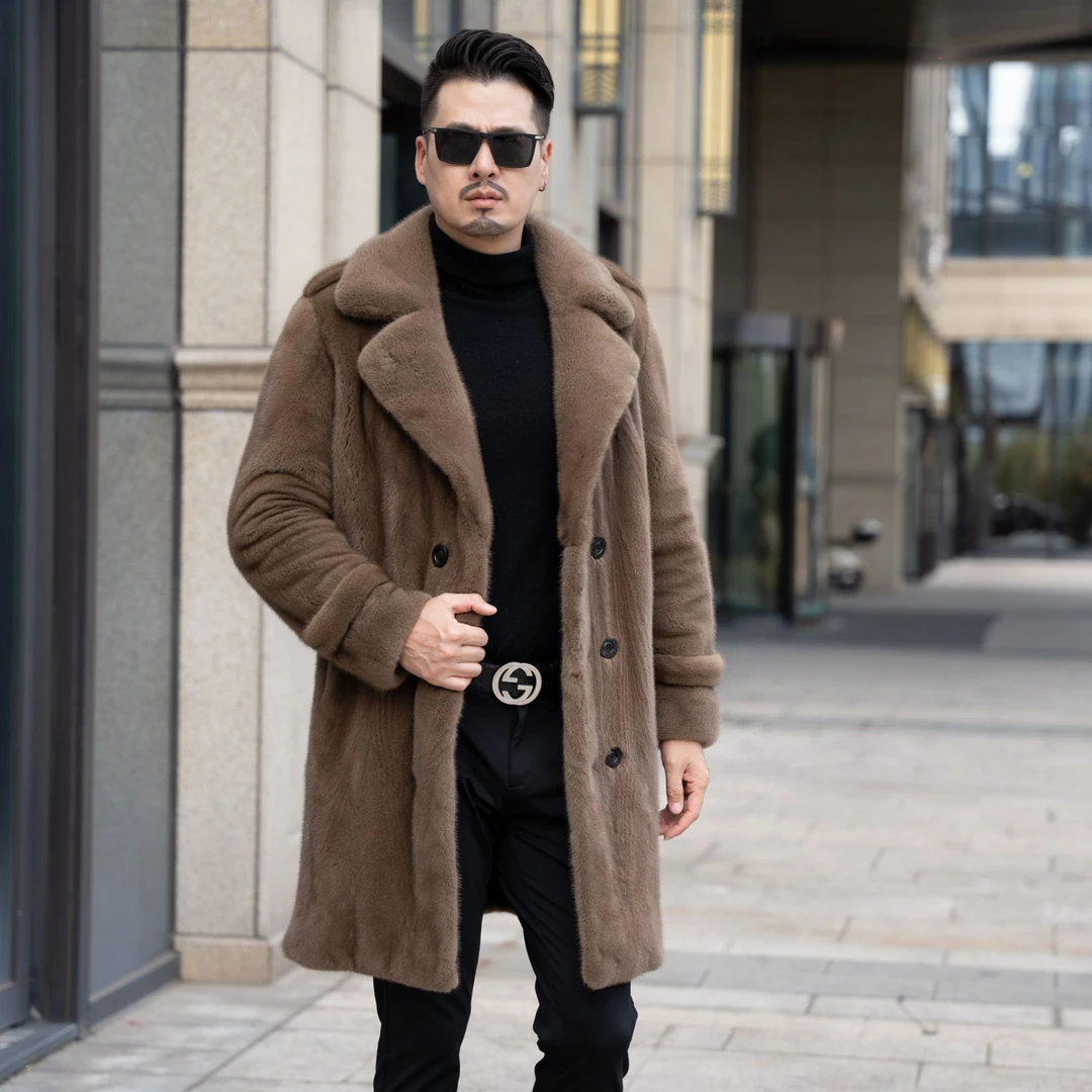 咖啡色水貂长款1米长男款外套休息水貂外套休闲