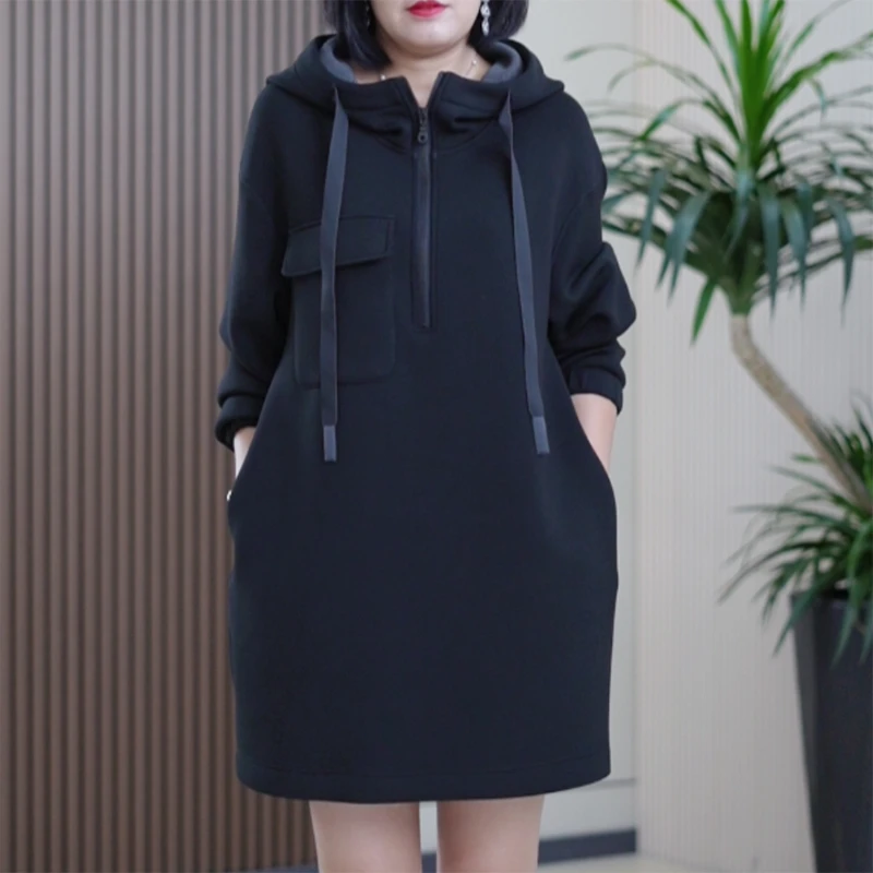 果冻Q弹曼巴棉连衣裙大码弹力百搭显瘦休闲秋季中长款连帽卫衣裙