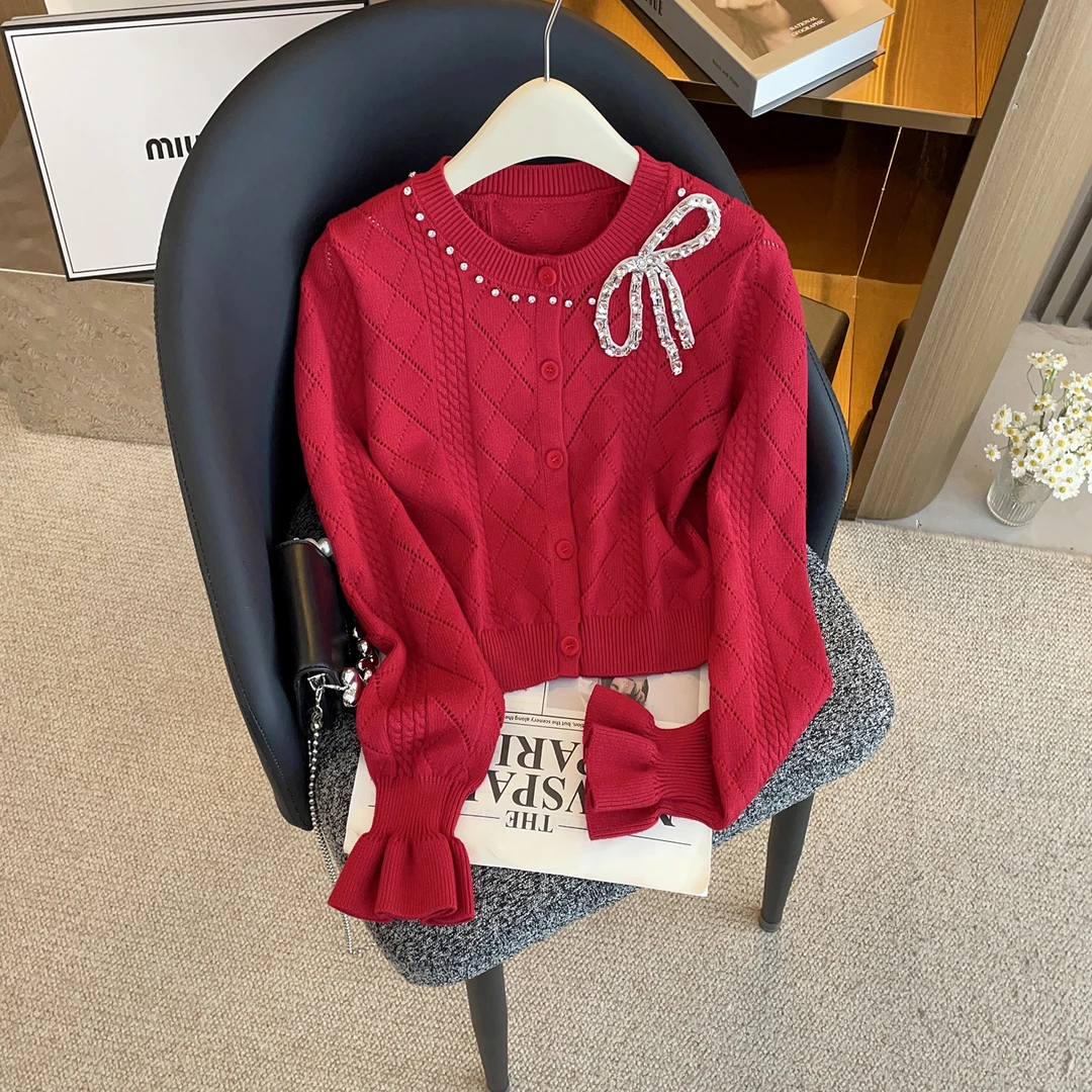 法式设计感立体蝴蝶结钉珠针织开衫女百搭显瘦上衣DY9807