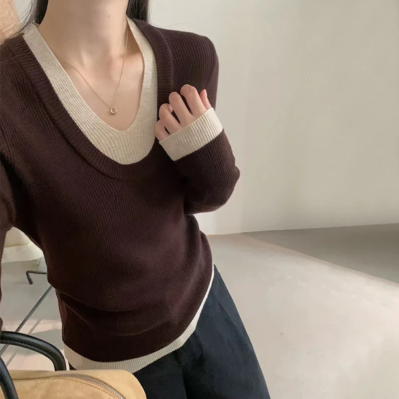 韩系假两件V领针织打底衫女早秋季高级感内搭毛衣修身上衣8880