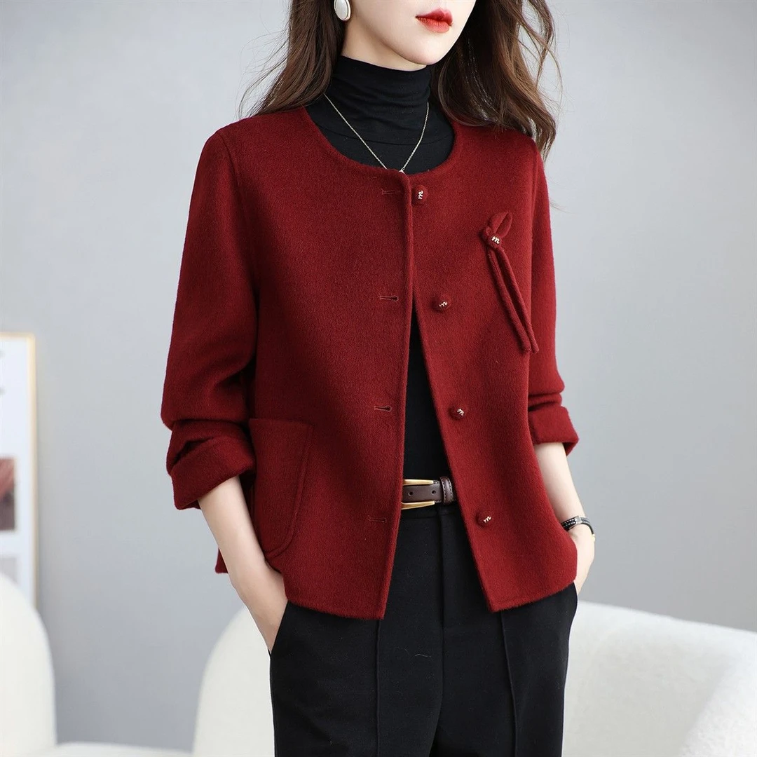 小香风毛呢外套女2025秋冬新款圆领小个子短款双面呢羊毛大衣女