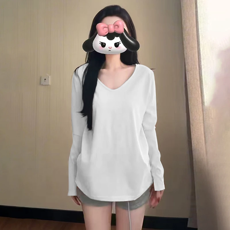 设计感小众V领正肩长袖T恤女春秋内搭纯色打底衫宽松显瘦百搭上衣