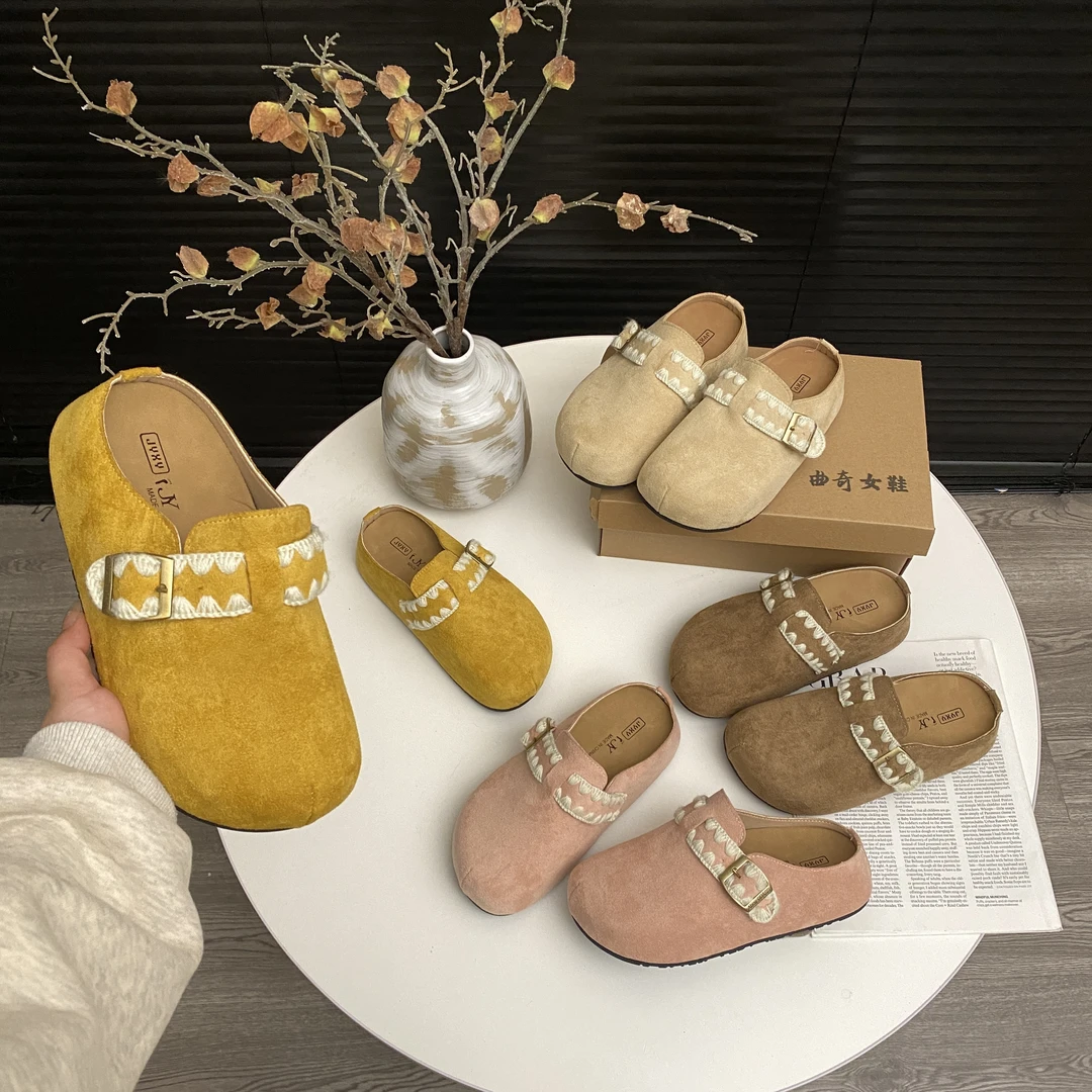 松茶可可~百搭勃肯拖鞋包头拖刺绣懒人增高女款夏厚底一脚蹬拖鞋