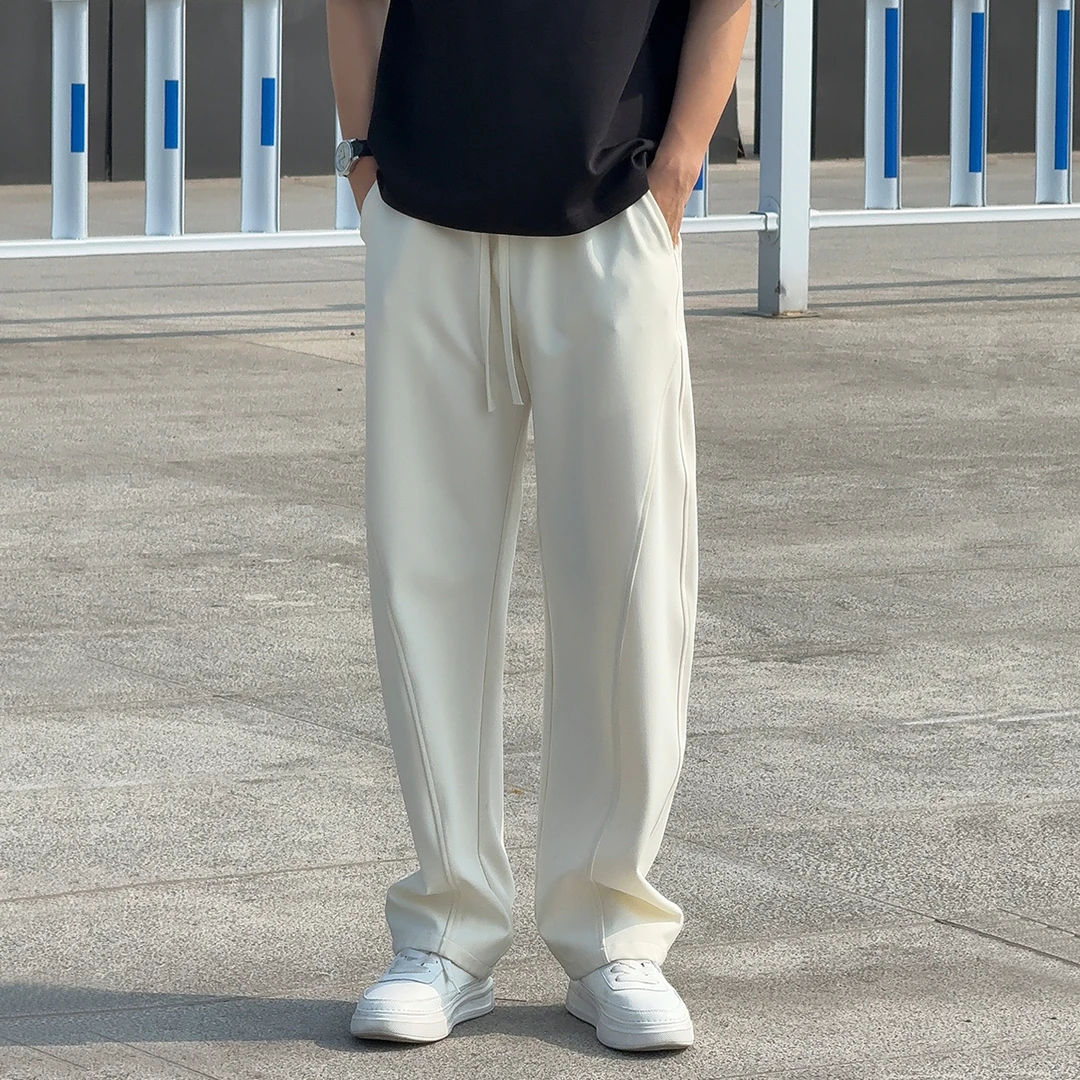 冰纱米白色冰丝休闲裤子男夏季宽松直筒抽绳运动垂坠感弯刀裤男裤