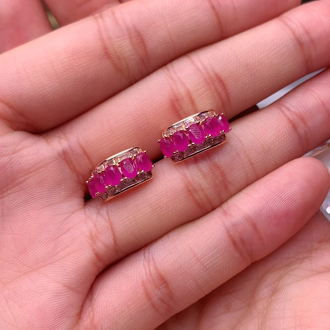 红宝石耳饰银S925镶嵌