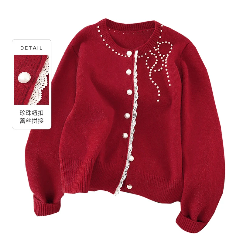 她池2025夏季商场同款甜美蕾丝边排扣钉珠针织衫T51X0652Z