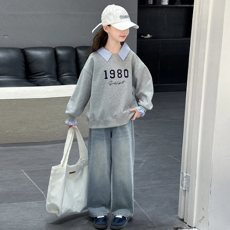 女童春装套装2025新款儿童春秋长袖洋气时尚休闲连帽宽松牛仔韩版