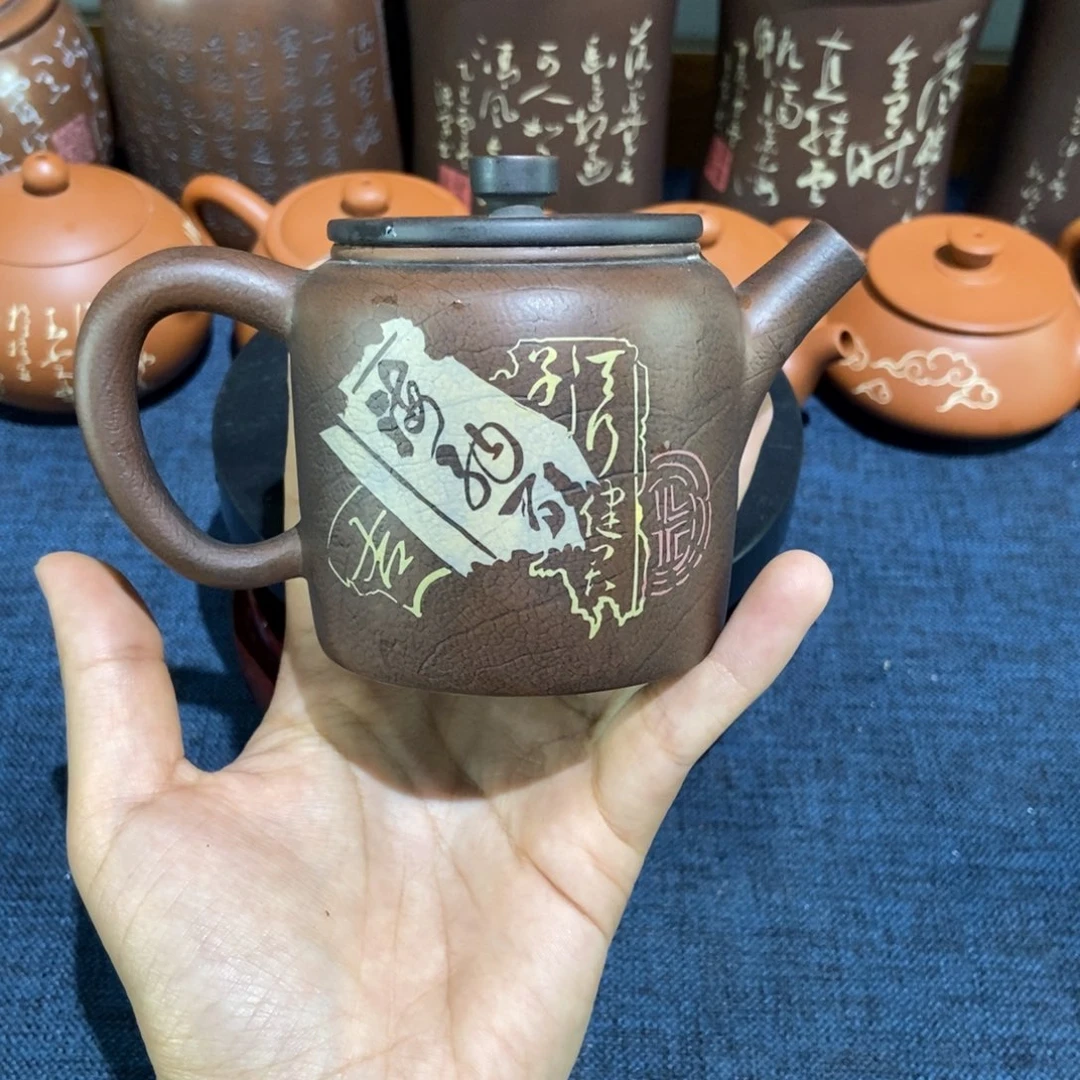 12微瑕建水紫陶手工菩提纹彩填壶180c