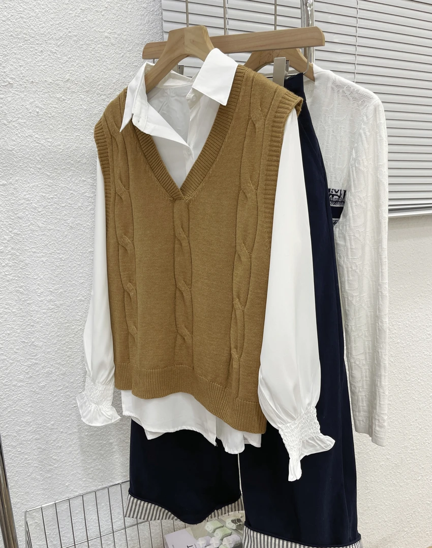 麻花套头马甲背心衬衫宽松针织衫百搭套头两件套新款薄款休闲8765