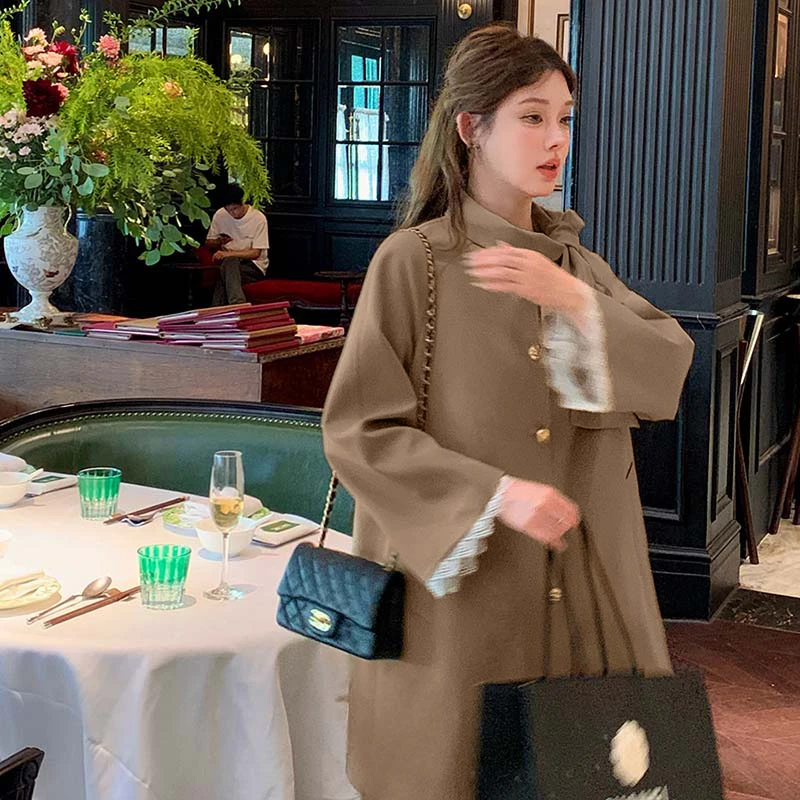 【有里布】法式千金风蝴蝶结飘带风衣外套女小个子大衣QJ0030