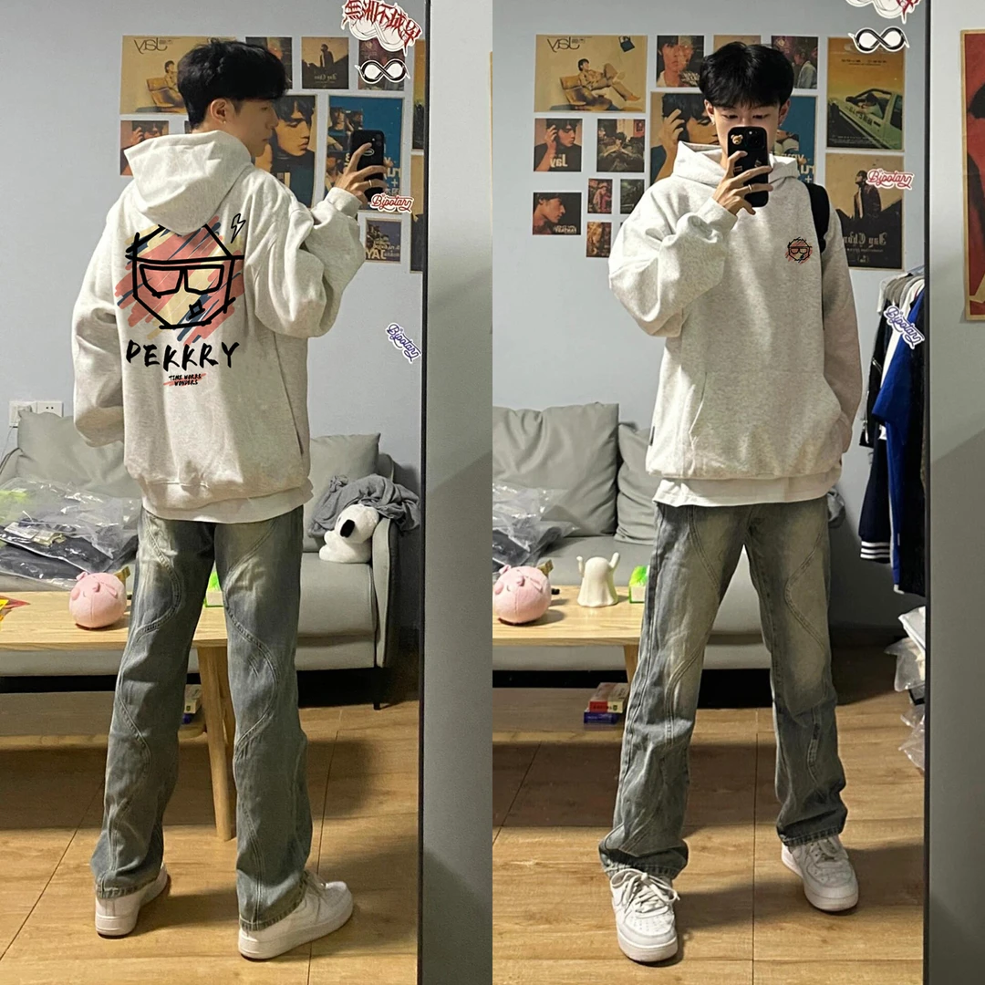 美式设计感涂鸦字母印花连帽宽松卫衣男女秋冬季休闲百搭情侣上衣