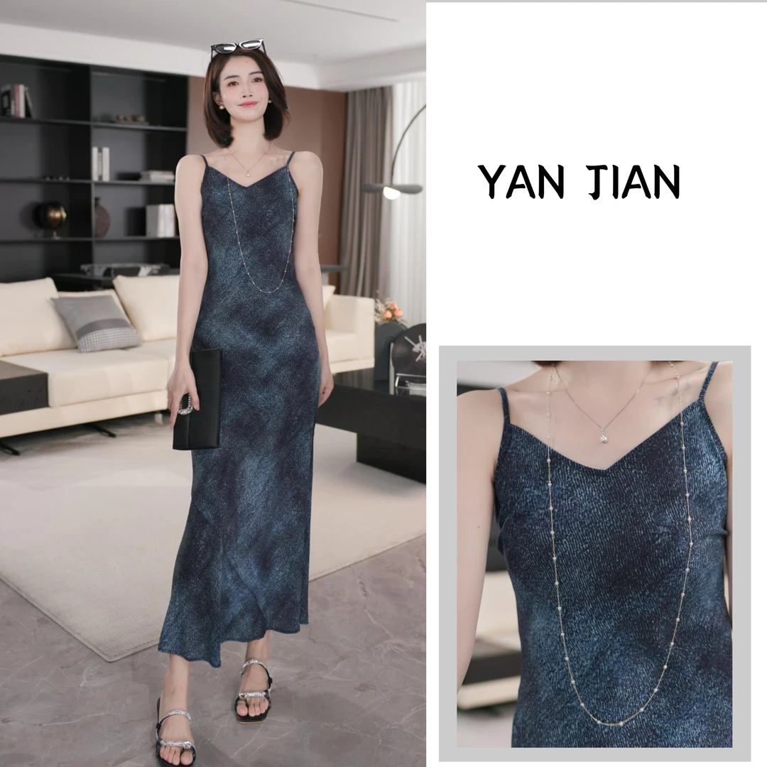 YAN JIAN【海浪】沙画艺术水墨不规则解构下摆斜裁45度吊带连衣裙