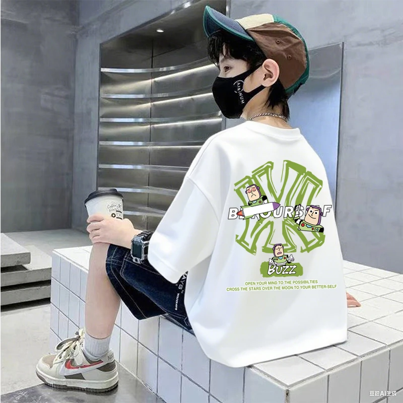 巴斯光年亲子系列~夏季儿童时尚韩宽松潮流印花短袖体恤S