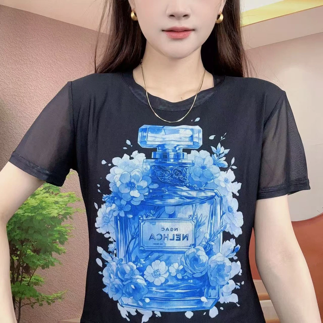 2025夏季新款时尚百搭显瘦气质肌肤纱短袖圆领T恤印花上衣A338