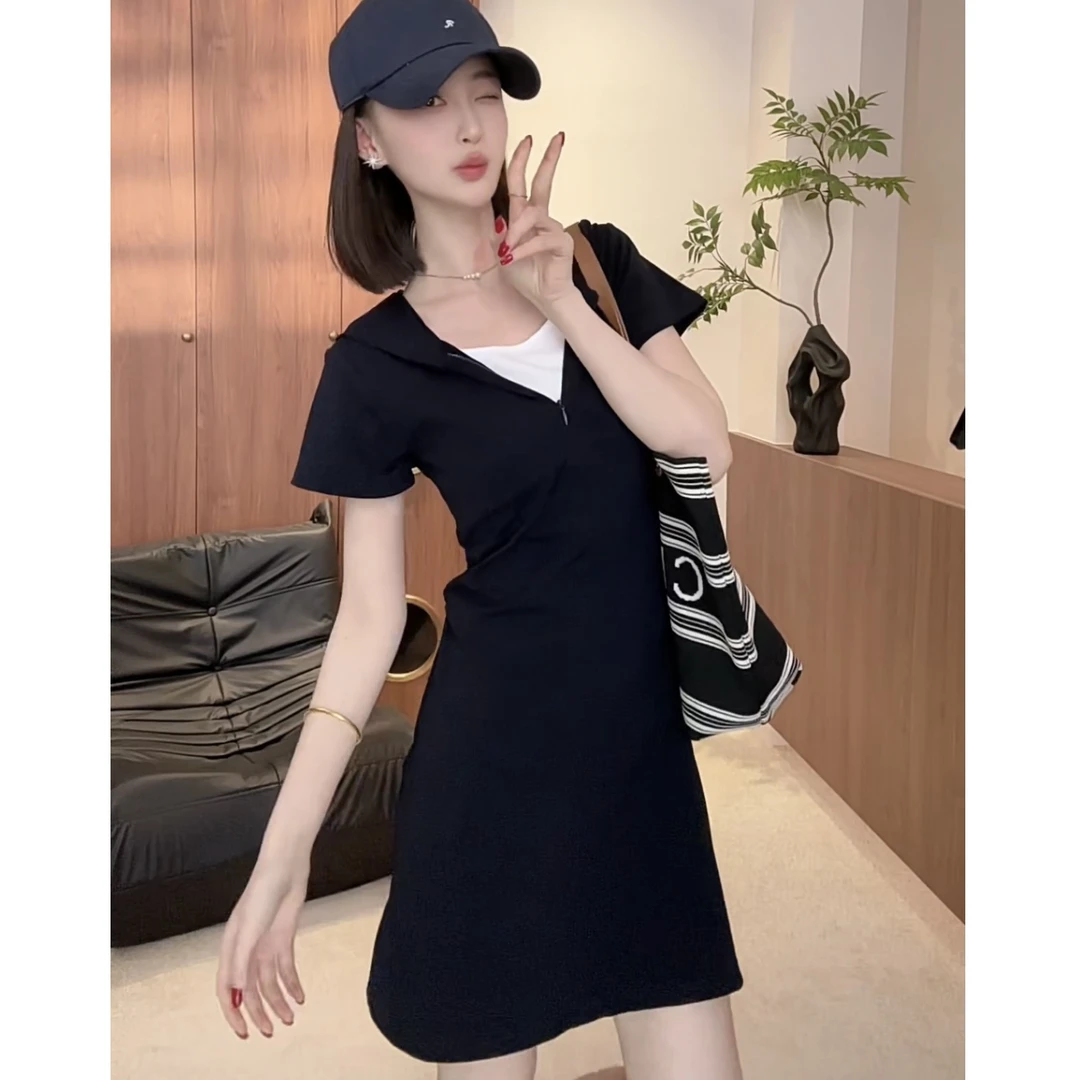 2025夏季新款气质复古休闲收腰显瘦假两件连帽连衣裙短袖女A字裙